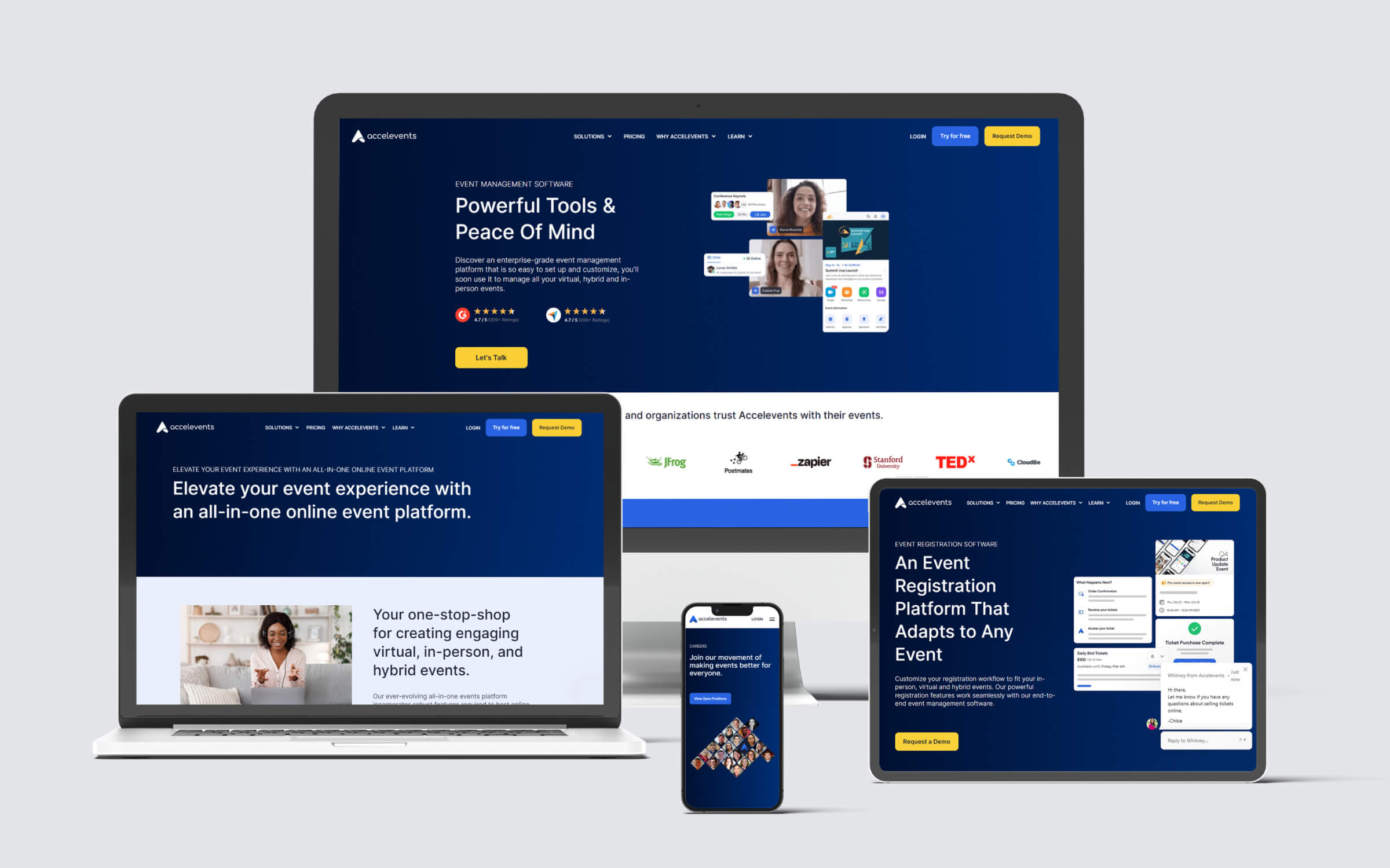 Accelevents website on mobile, tablet, laptop and desktop Accelevents website on mobile, tablet, laptop and desktop